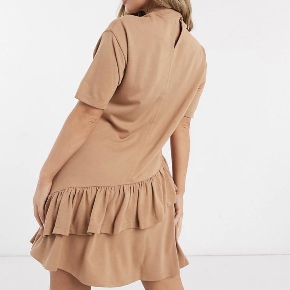 ASOS Tan mini dress with layered frill and Asymmetrical Hem - Picture 1 of 6
